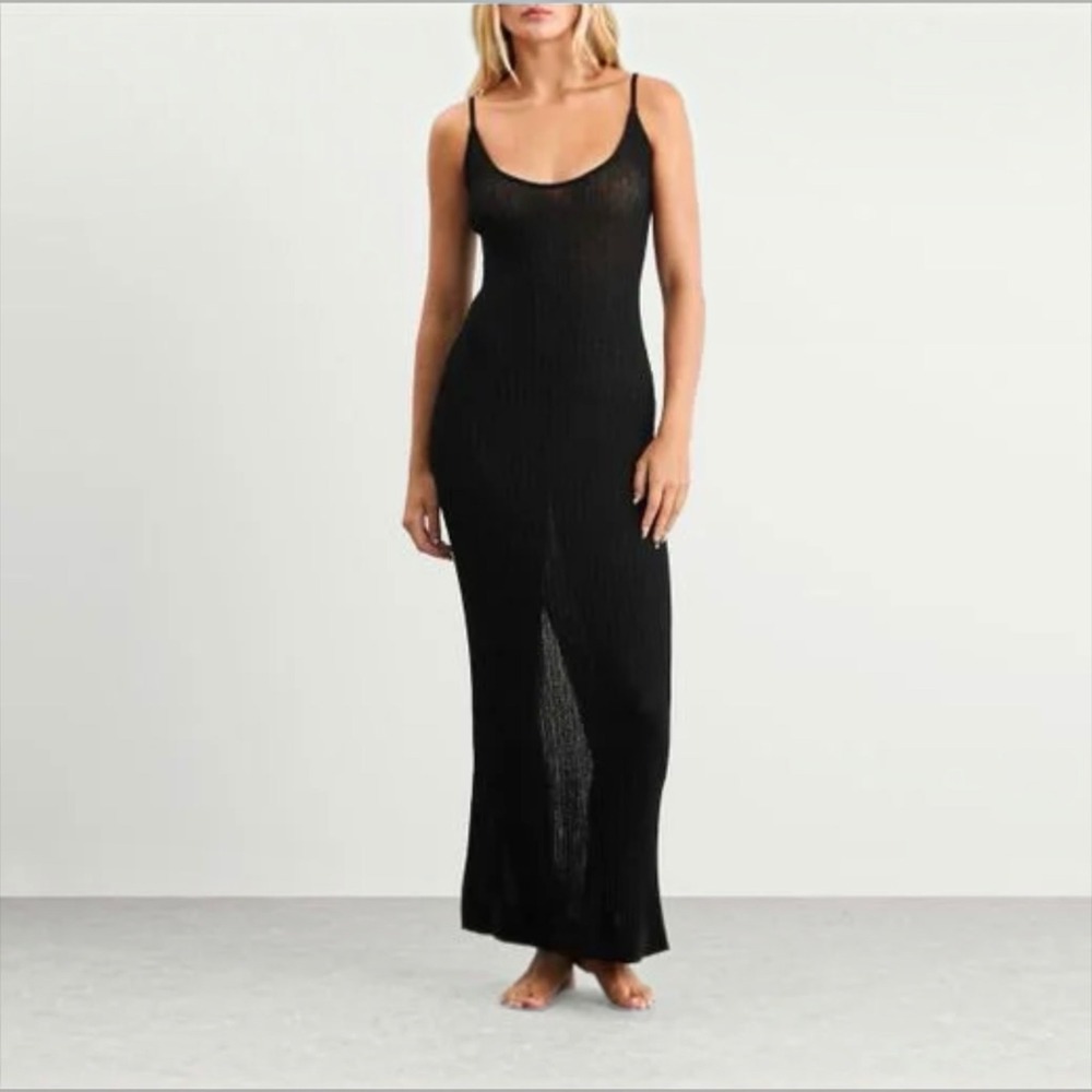 NEW SKIMS Sheer Knit Midi Dress Onyx Size Large NWT $169